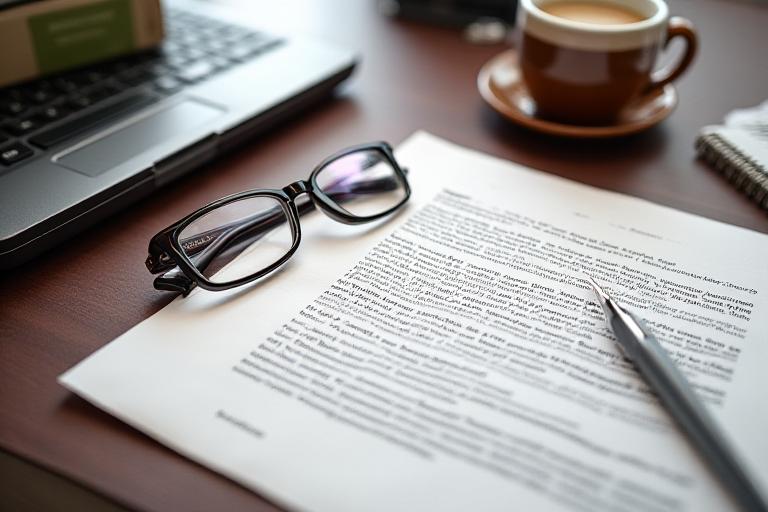 A legal professional reviewing a document with a magnifying glass, focusing on technical details